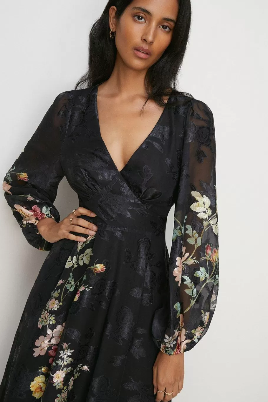 Oasis Petite Placement Floral Satin Burnout Midaxi Dress Black Sale