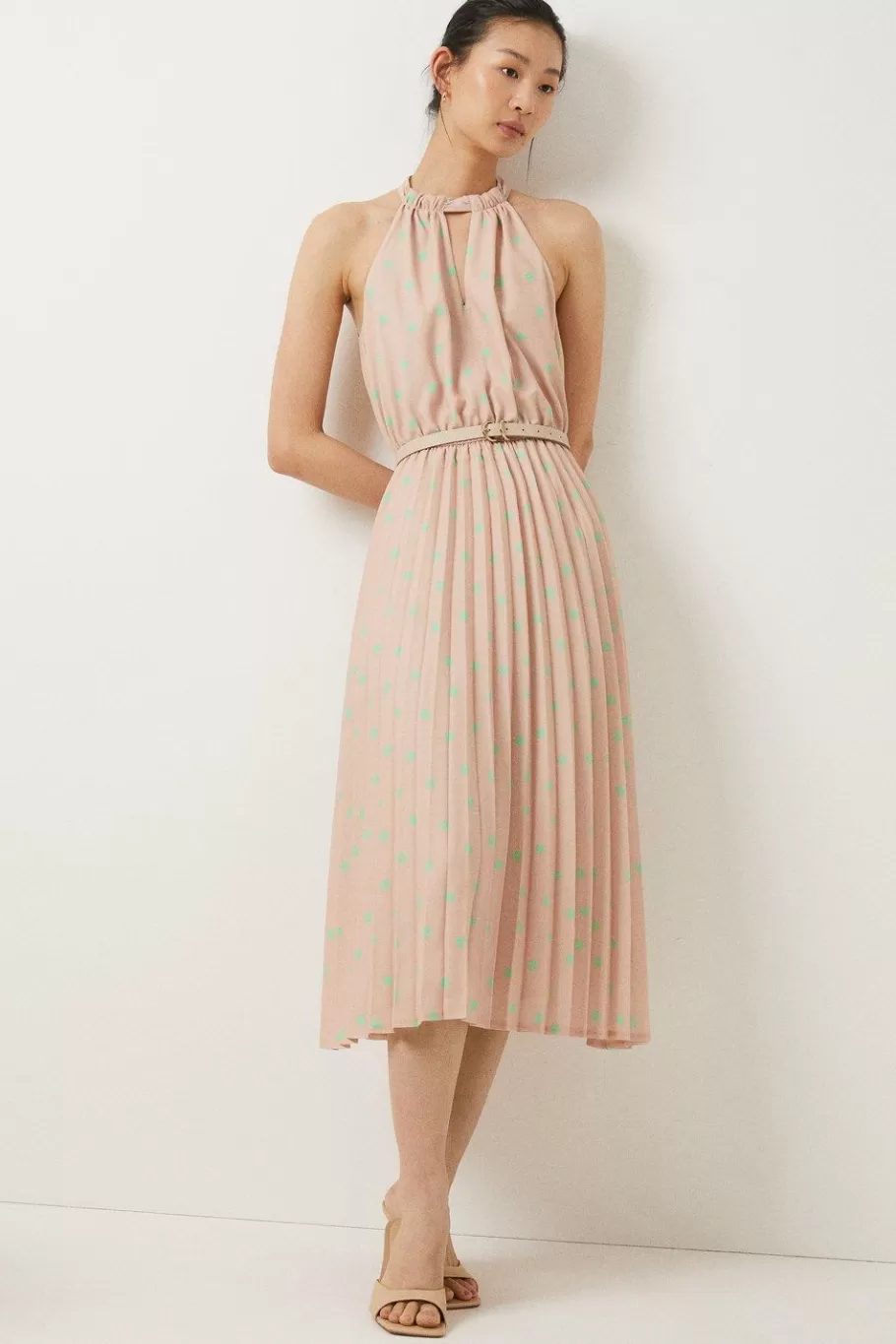 Oasis Petite Polka Dot Halter Pleated Midi Dress Taupe Best Sale