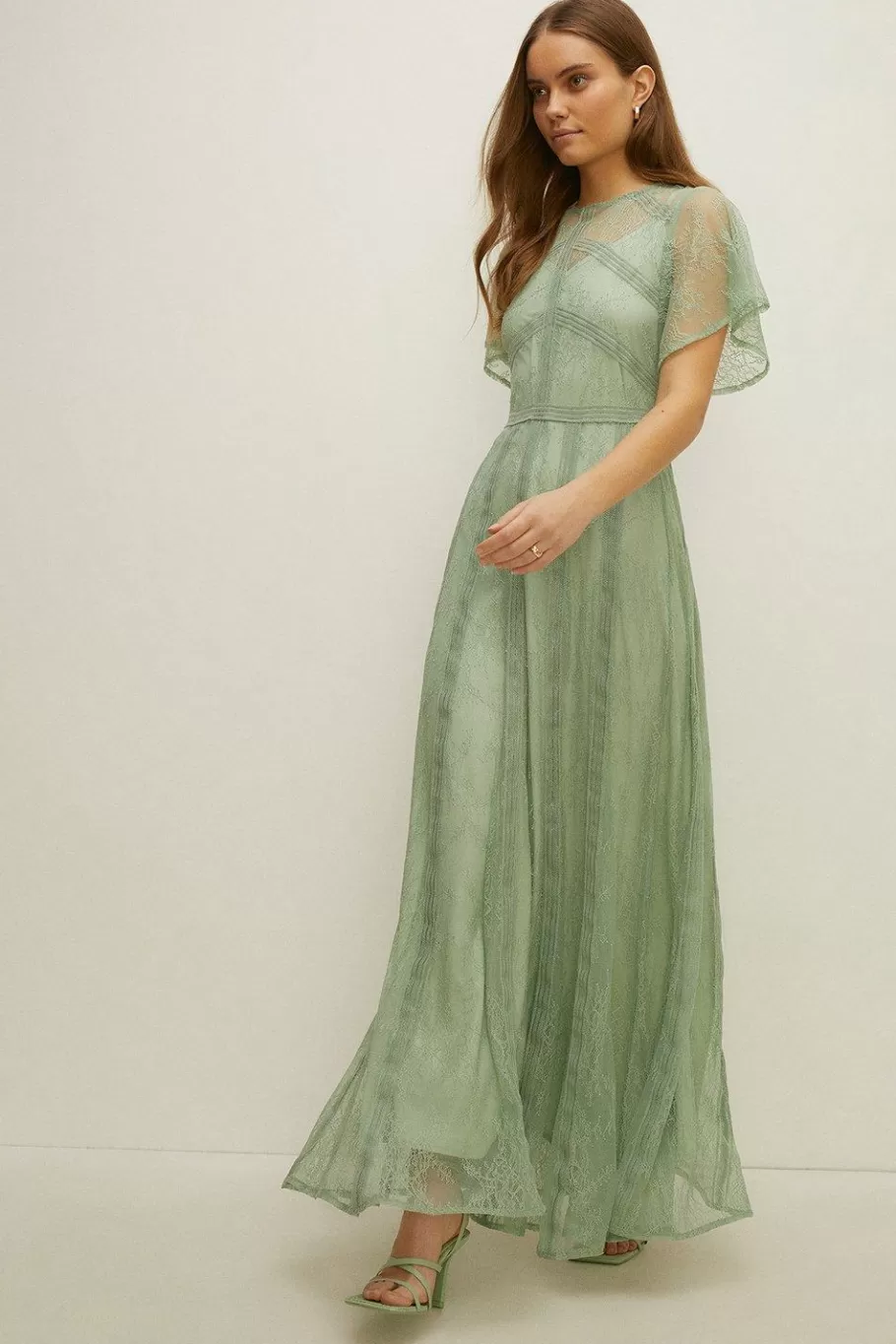 Oasis Petite Premium Delicate Lace Maxi Dress Sage Outlet