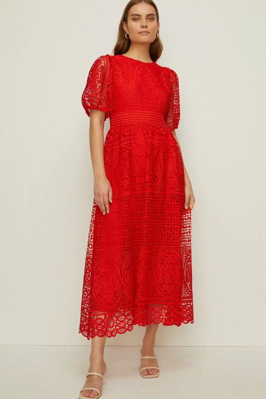 Oasis Petite Premium Lace Midi Dress Red Fashion