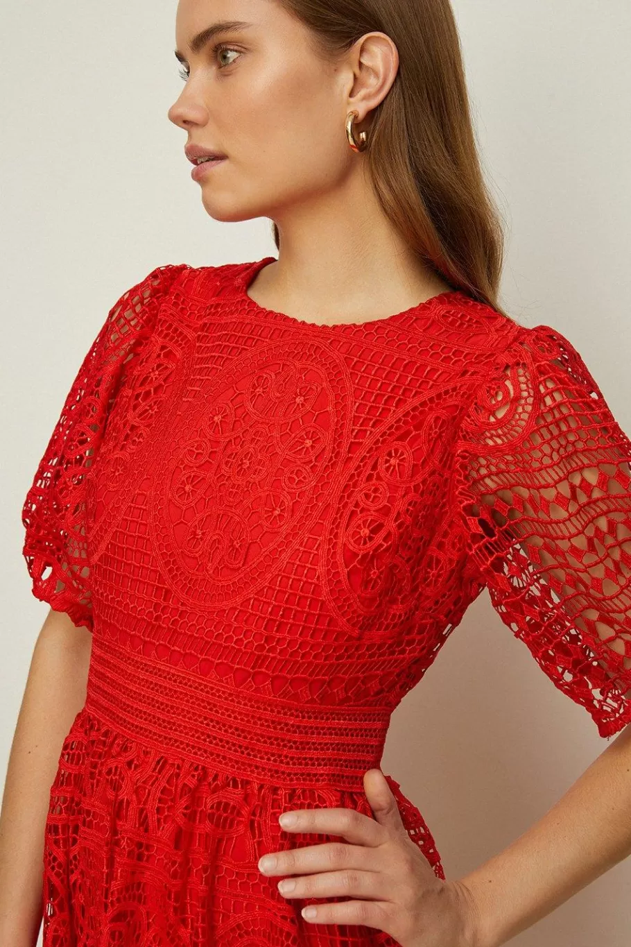 Oasis Petite Premium Lace Midi Dress Red Fashion