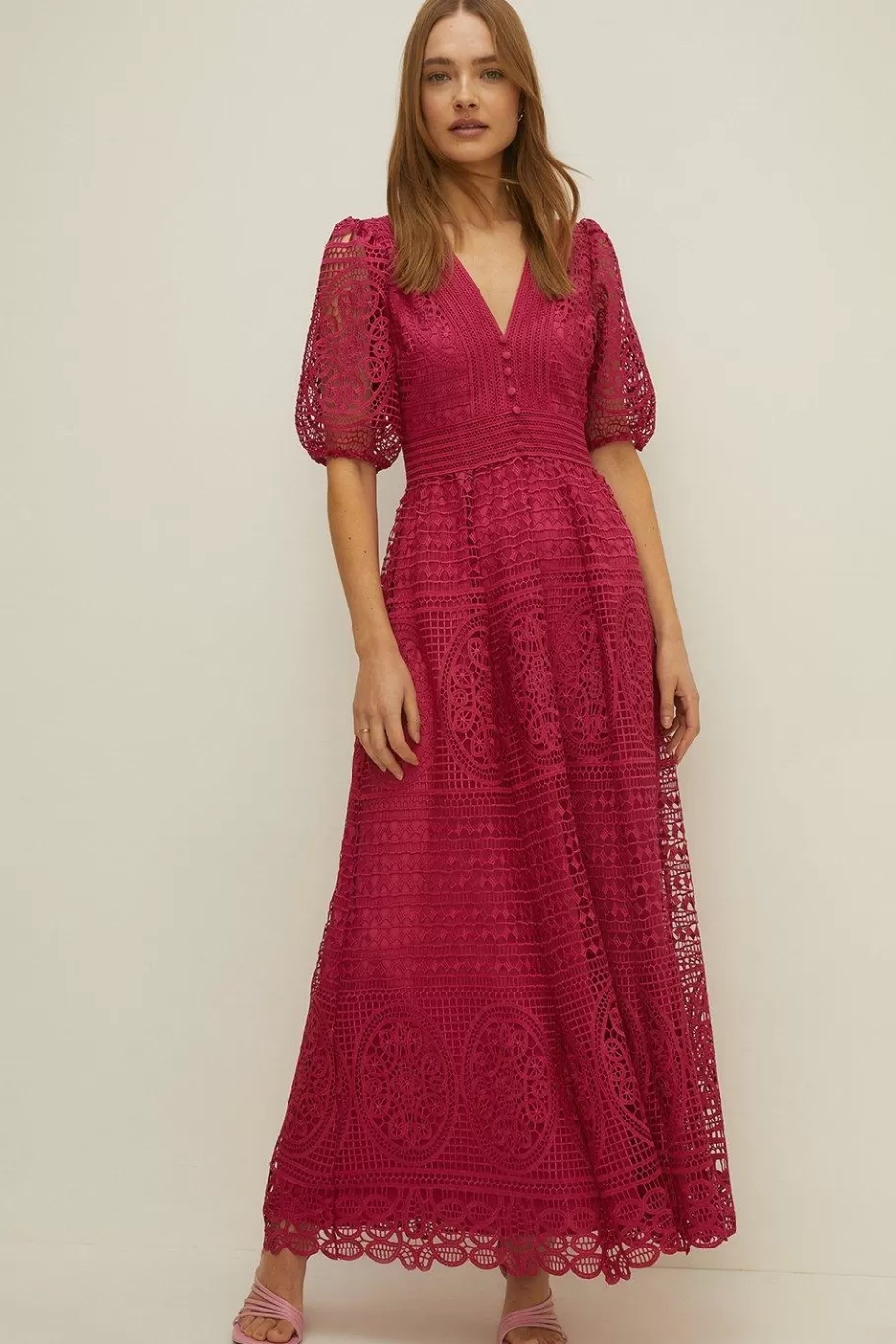 Oasis Petite Premium Lace V Neck Maxi Dress Magenta Online