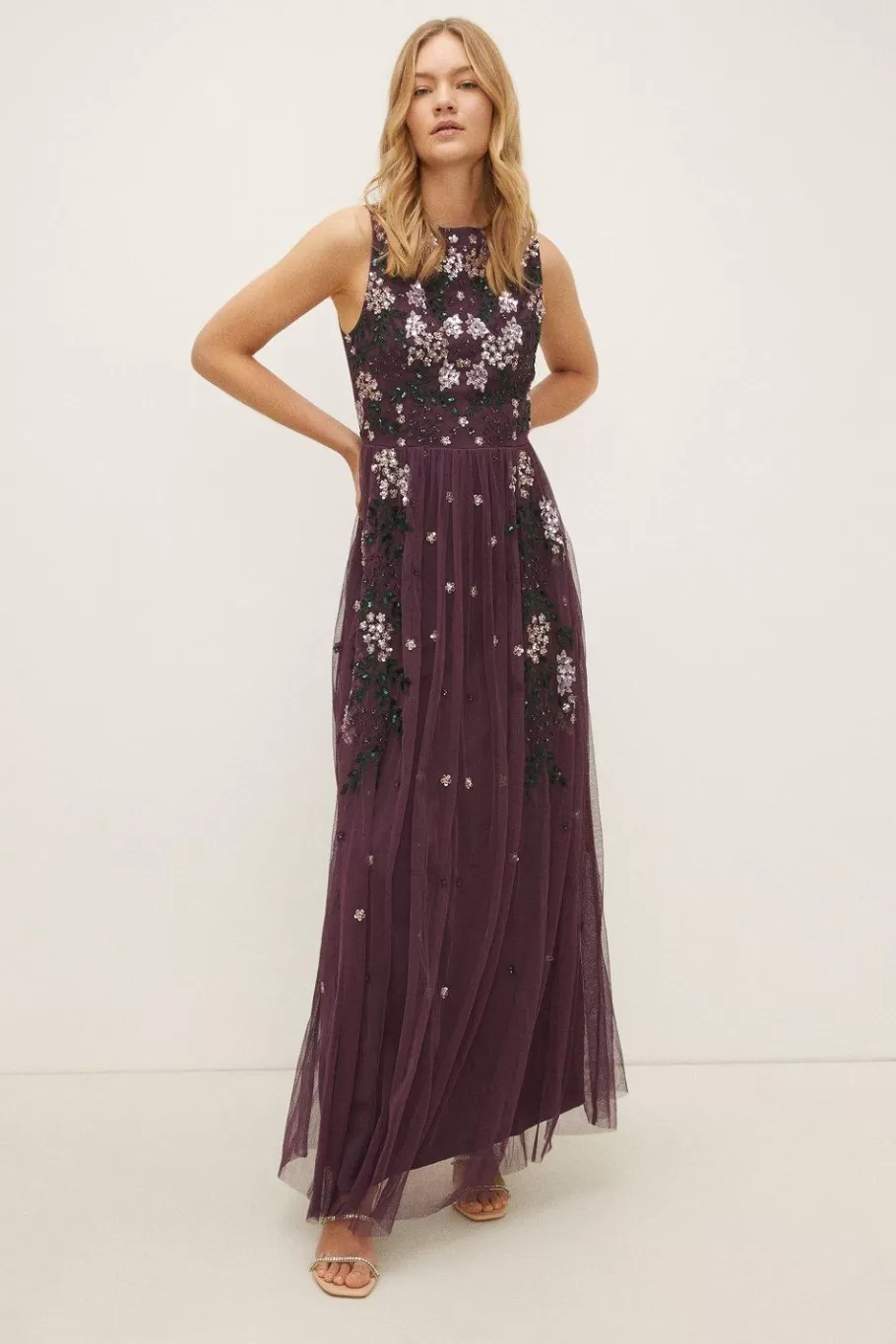 Oasis Petite Premium Sequin Embroidered Maxi Dress Aubergine Shop