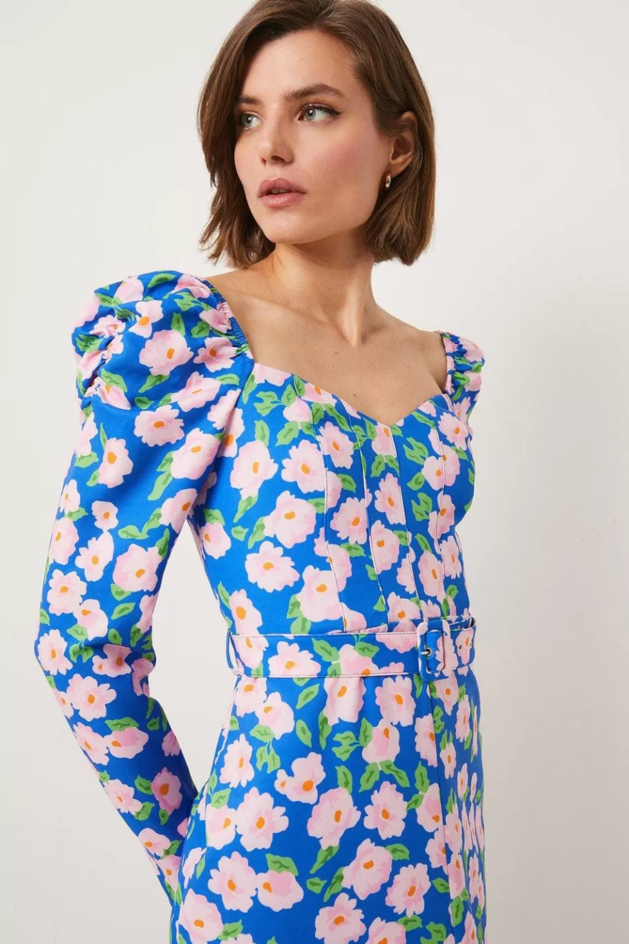 Oasis Petite Printed Floral Puff Sleeve Midi Dress Blue Clearance