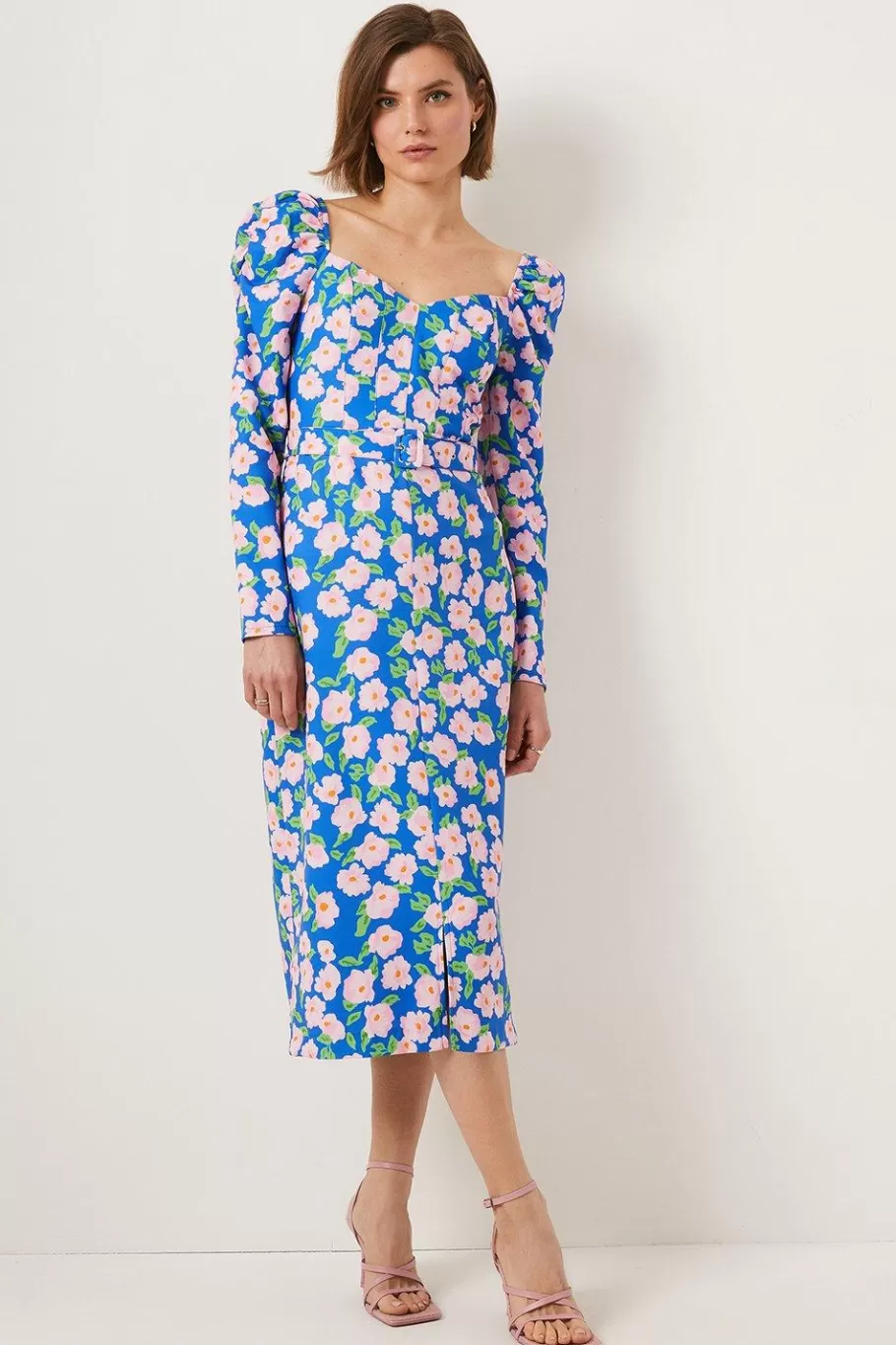 Oasis Petite Printed Floral Puff Sleeve Midi Dress Blue Clearance