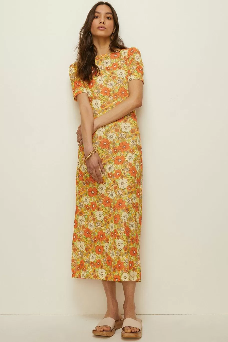 Oasis Petite Printed Mesh Tie Back Midi Dress Yellow Shop