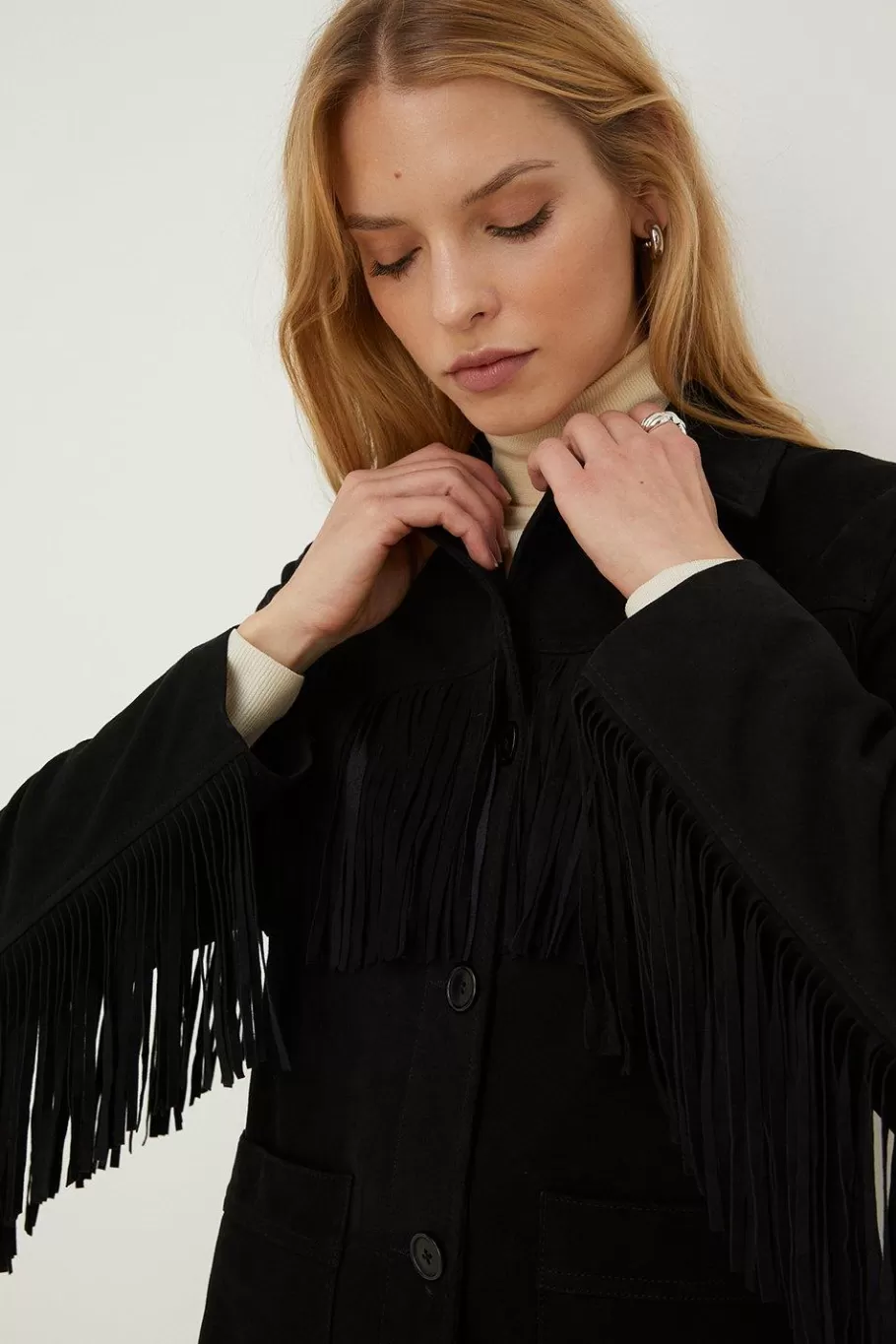 Oasis Petite Rachel Stevens Real Leather Fringe Jacket Black Best Sale