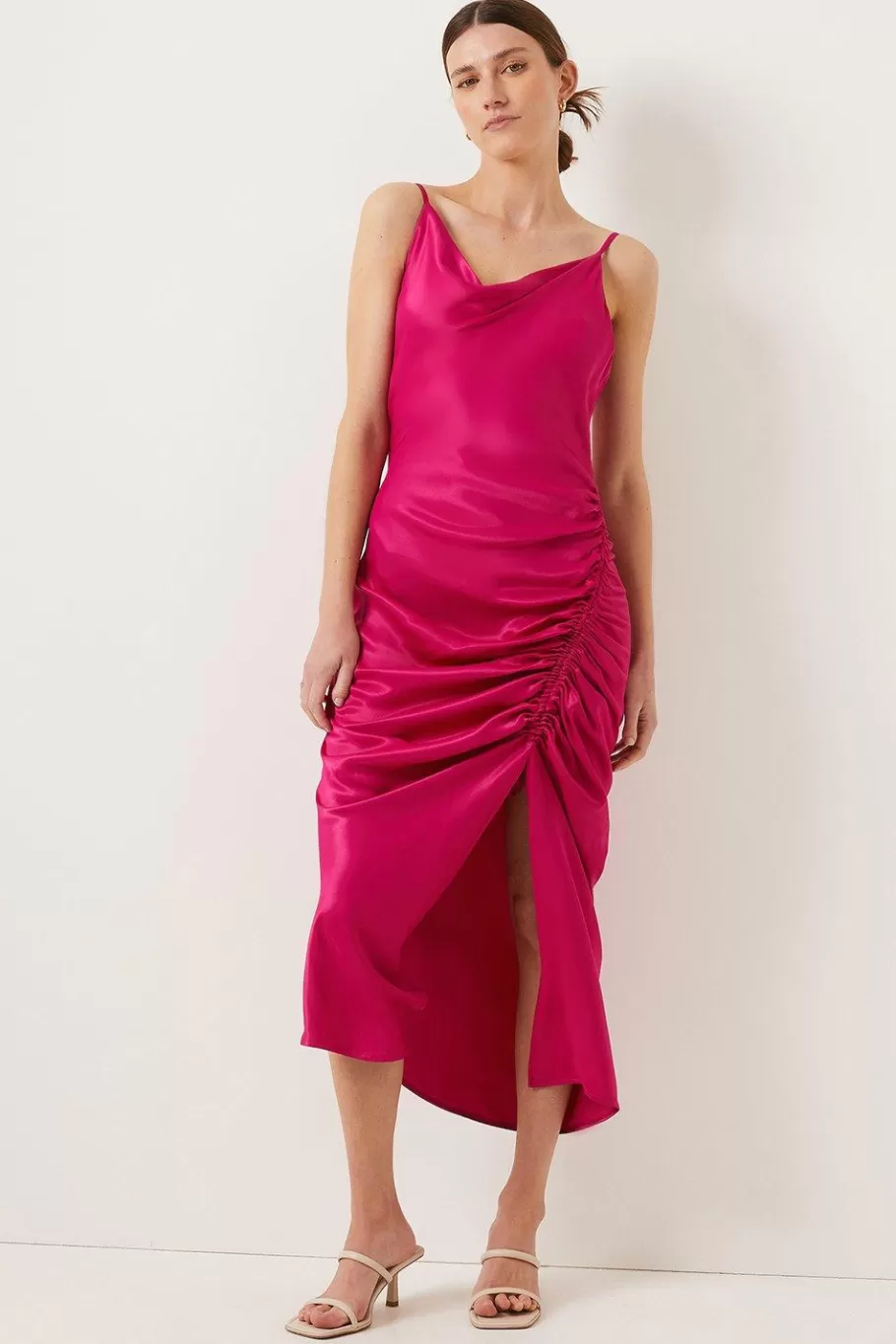 Oasis Petite Ruched Side Midi Slip Dress Hot Pink New