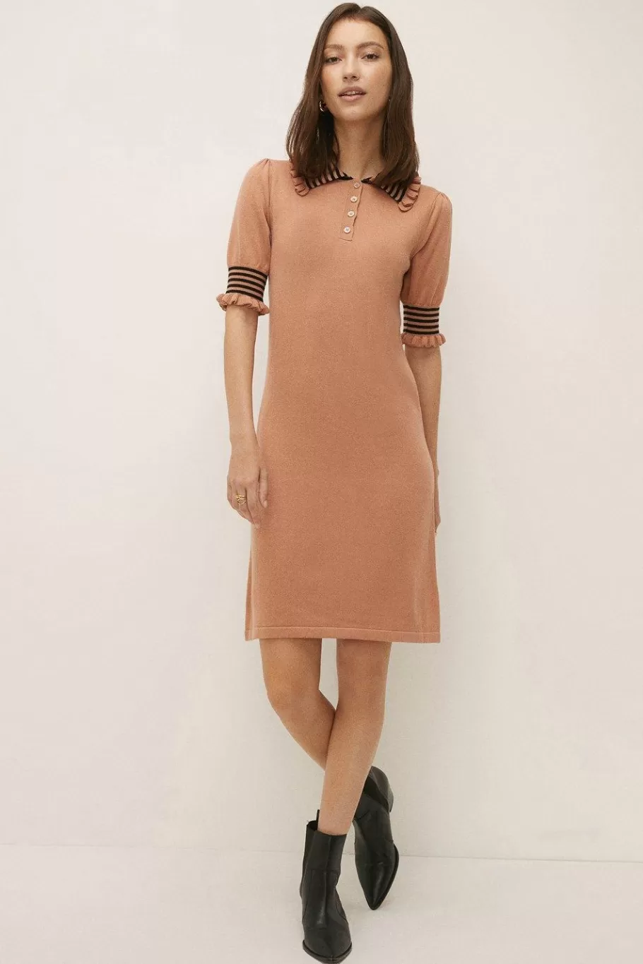 Oasis Petite Ruffle Polo Stripe Dress Camel Outlet