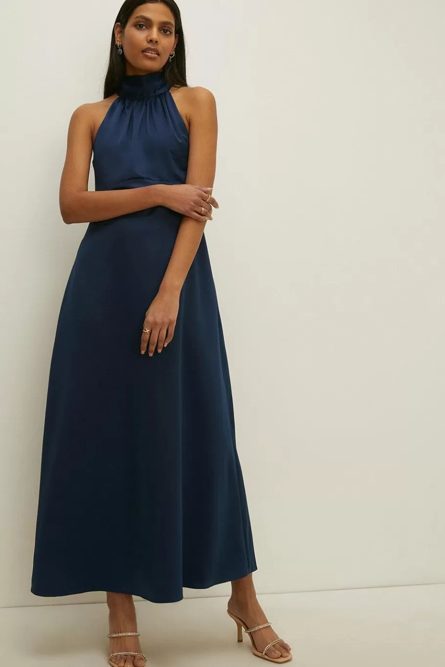 Oasis Petite Satin Halter Neck Midi Dress Navy Fashion