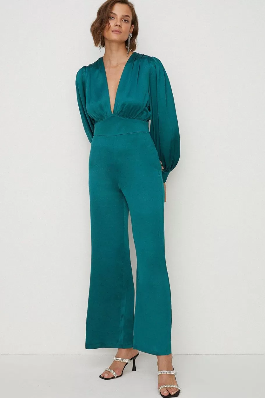 Oasis Petite Satin Plunge Balloon Sleeve Jumpsuit Emerald Online