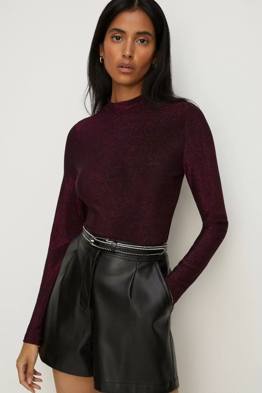 Oasis Petite Shimmer Long Sleeve Top Burgundy Online