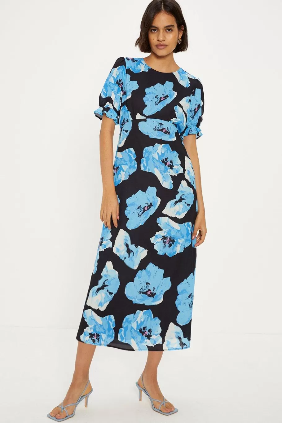 Oasis Petite Short Sleeve Printed Midi Tea Dress Blue Fashion