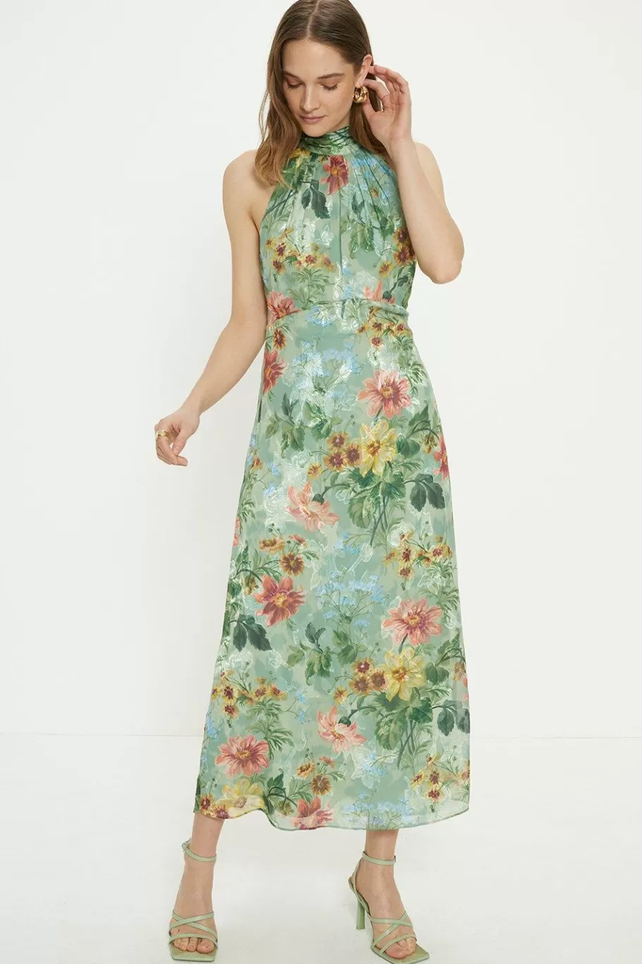 Oasis Petite Soft Floral Satin Burnout Halter Midi Dress Sage Store