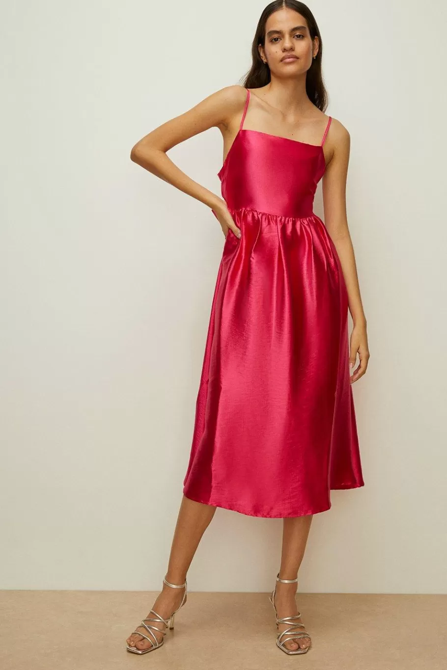 Oasis Petite Strappy Satin Bow Back Midi Dress Bright Pink Hot