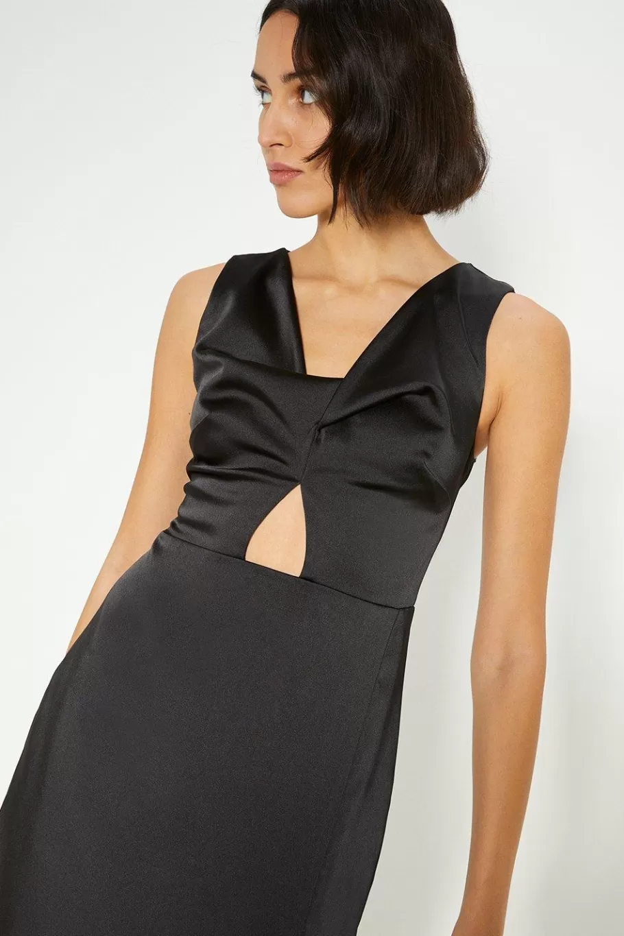 Oasis Petite Stretch Satin Twist Detail Midi Dress Black Discount