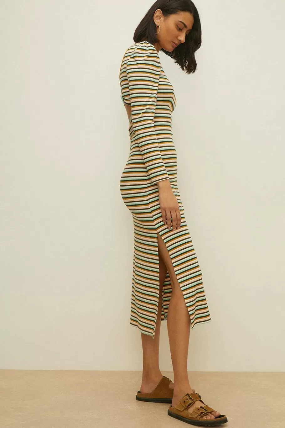 Oasis Petite Stripe Rib Twist Back Midi Dress Multi Flash Sale