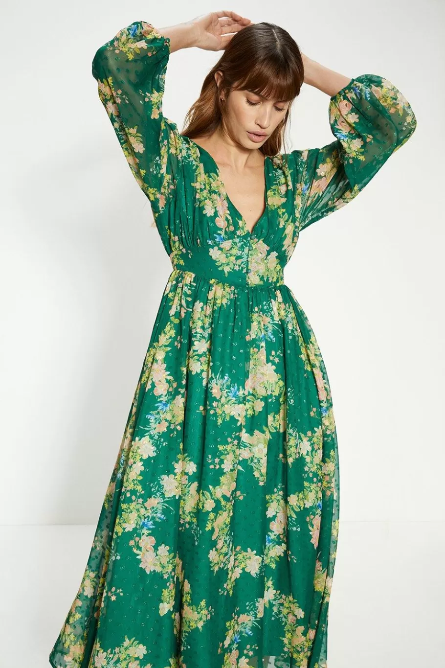 Oasis Petite Swirly Floral Metallic Button Maxi Dress Green Online