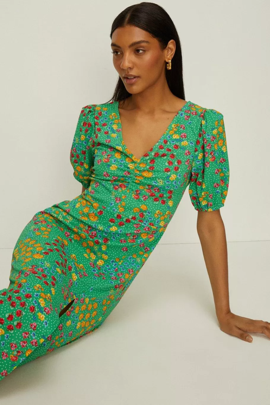 Oasis Petite Textured Floral Tie Back Midi Dress Green Outlet