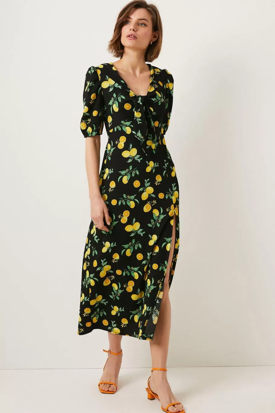 Oasis Petite Textured Fruit Tie Front Midi Dress Black Online