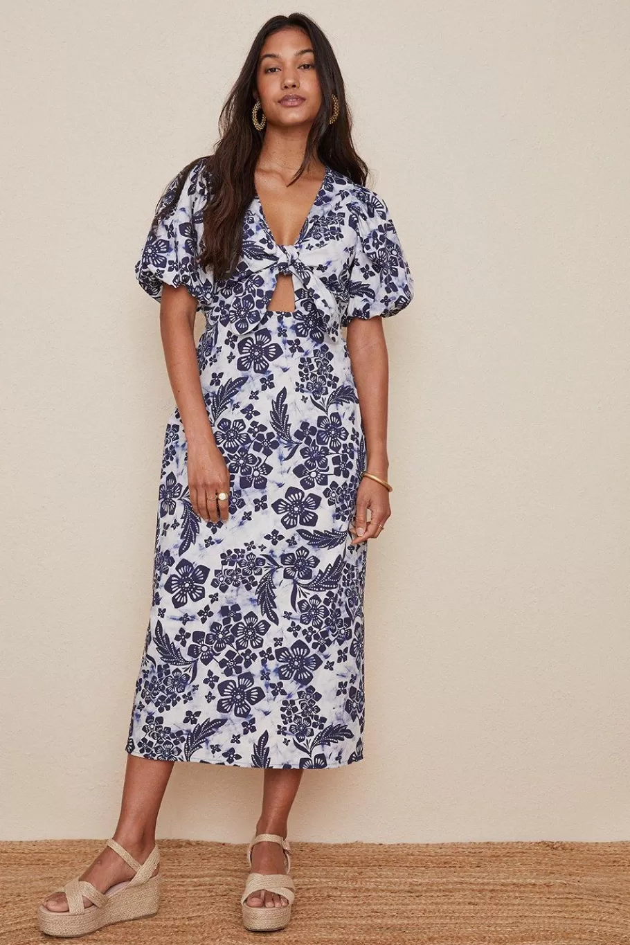 Oasis Petite Tie Front Floral Printed Midi Dress Blue Online