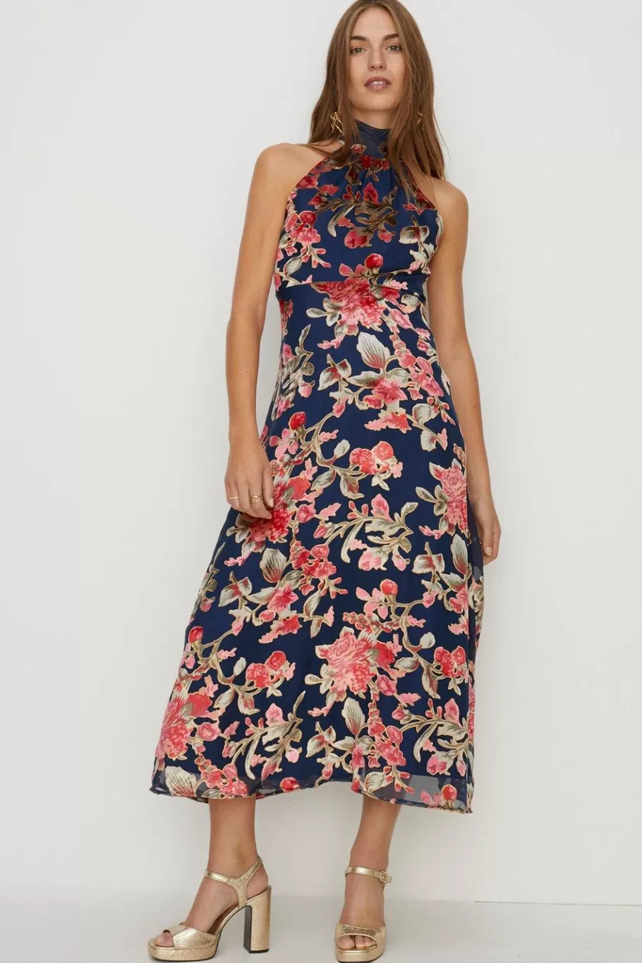 Oasis Petite Tie Halterneck Floral Devore Dress Navy Cheap