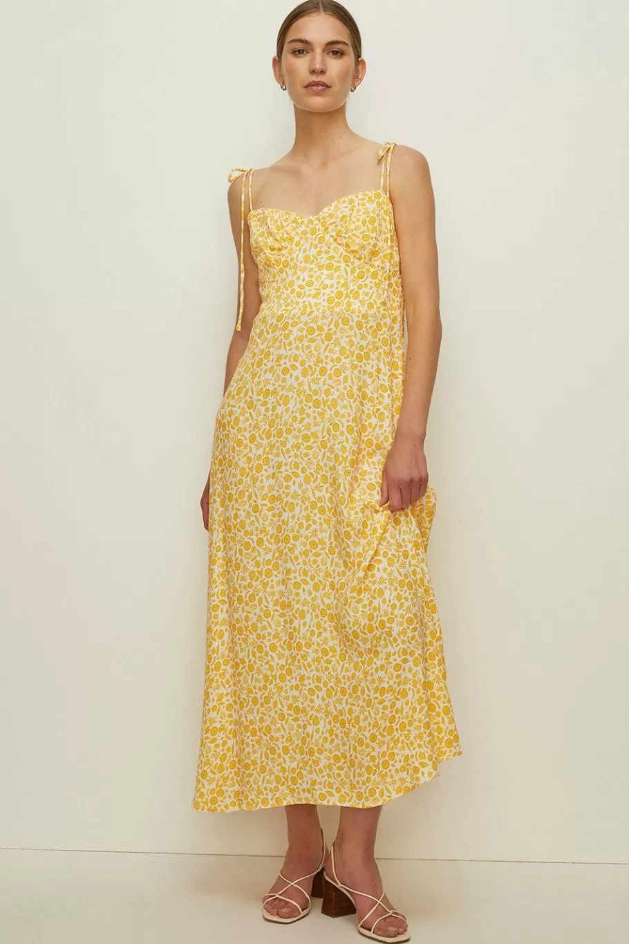 Oasis Petite Tie Shoulder Ditsy Pleat Bust Dress Yellow Store