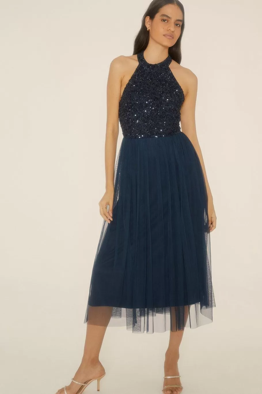 Oasis Petite Tonal Sequin Halterneck Midi Dress Navy Hot