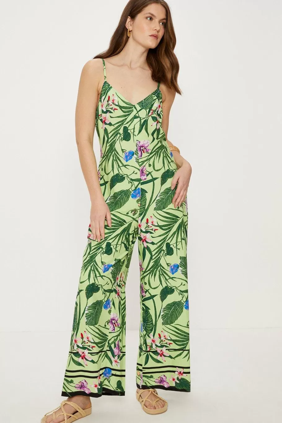 Oasis Petite Tropical Print Strappy Jumpsuit Green Cheap