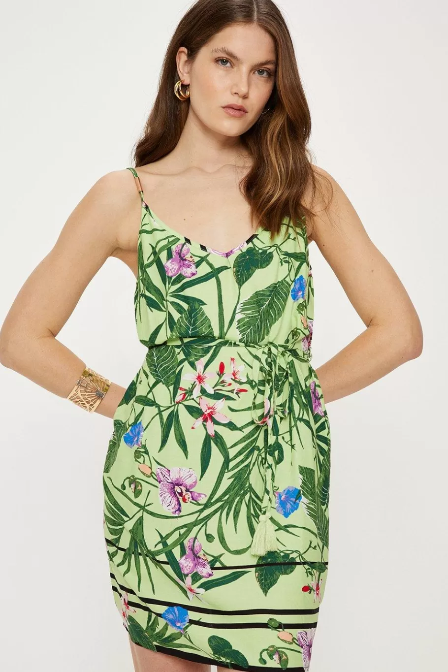 Oasis Petite Tropical Print Strappy Mini Dress Green Hot