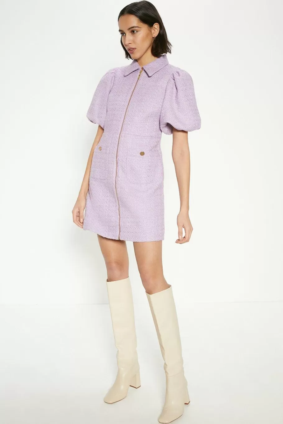 Oasis Petite Tweed Puff Sleeve Zip Through Mini Dress Lilac Cheap