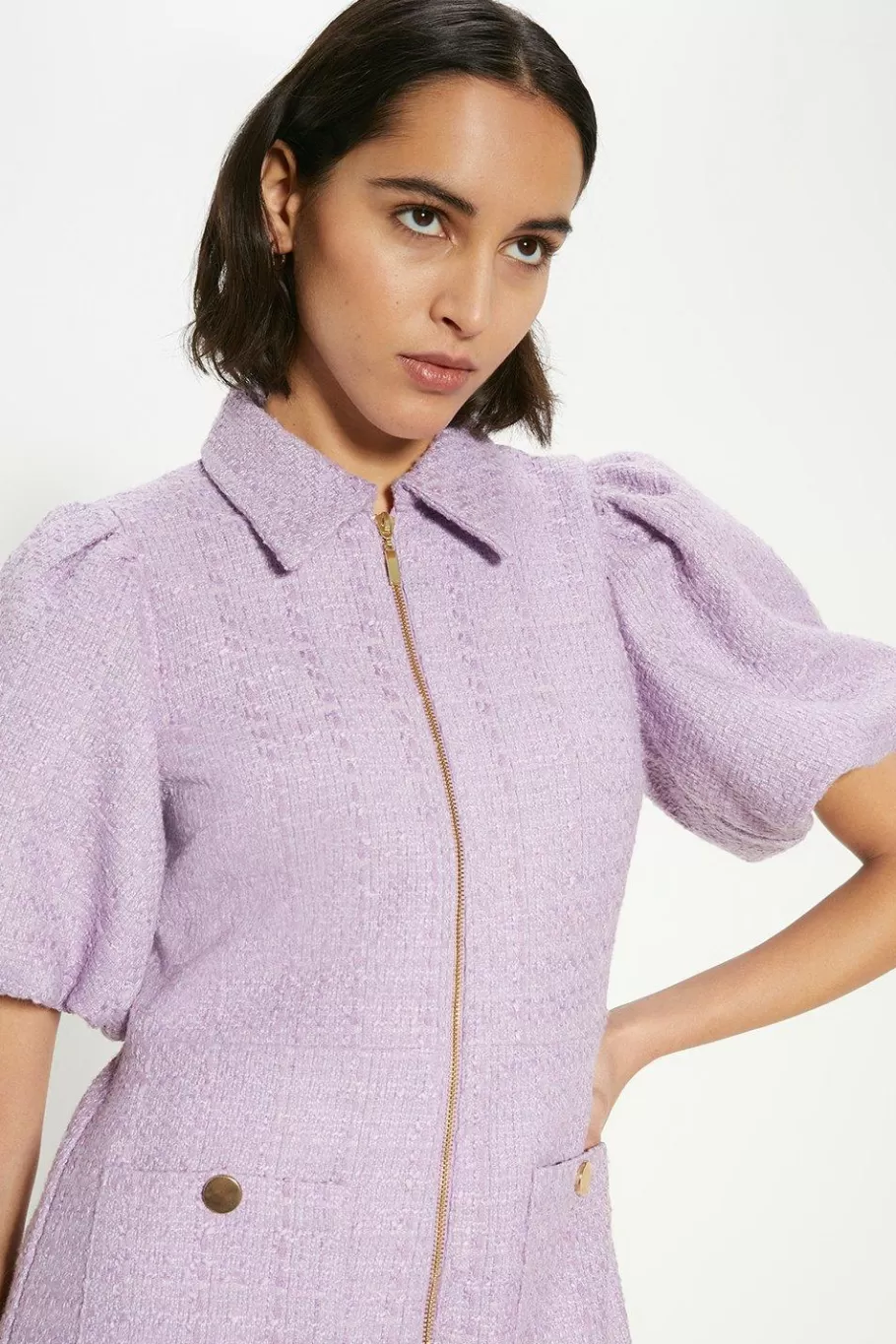 Oasis Petite Tweed Puff Sleeve Zip Through Mini Dress Lilac Cheap