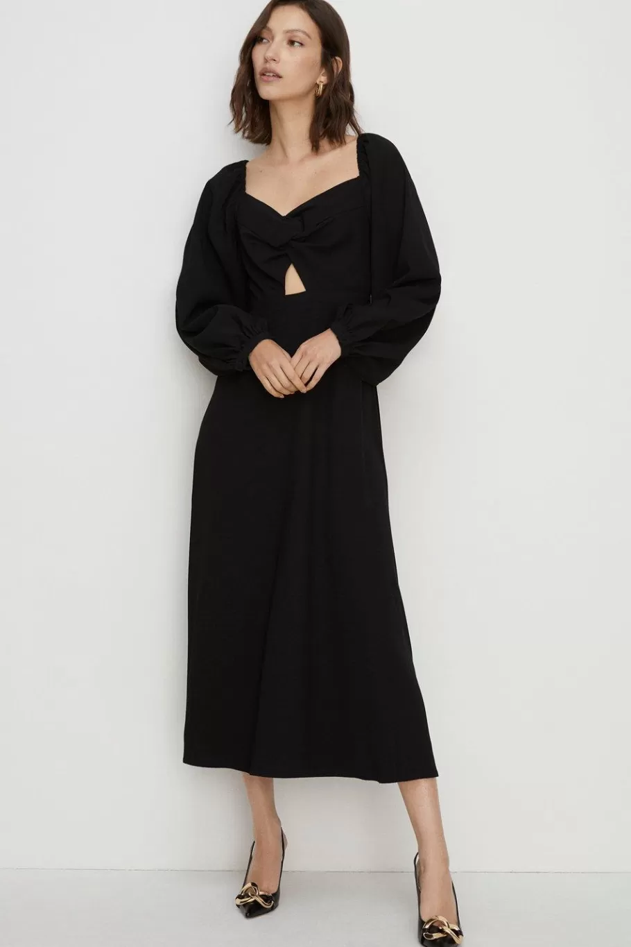 Oasis Petite Twist Front Bardot Crepe Midi Dress Black Store