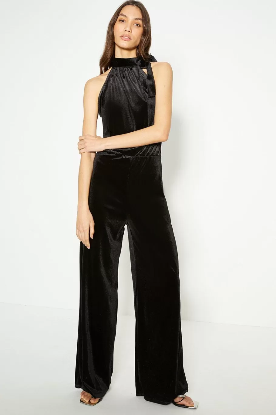 Oasis Petite Velvet High Neck Halter Jumpsuit Black Sale