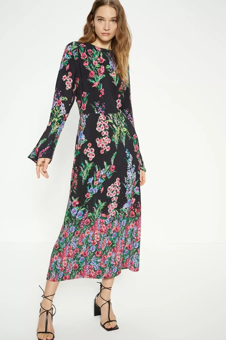 Oasis Placement Border Floral Midi Dress Black Best