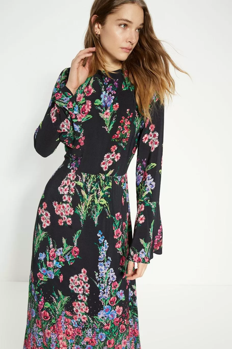 Oasis Placement Border Floral Midi Dress Black Best