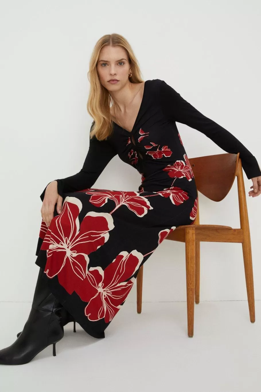 Oasis Placement Floral Keyhole Midi Dress Black Clearance