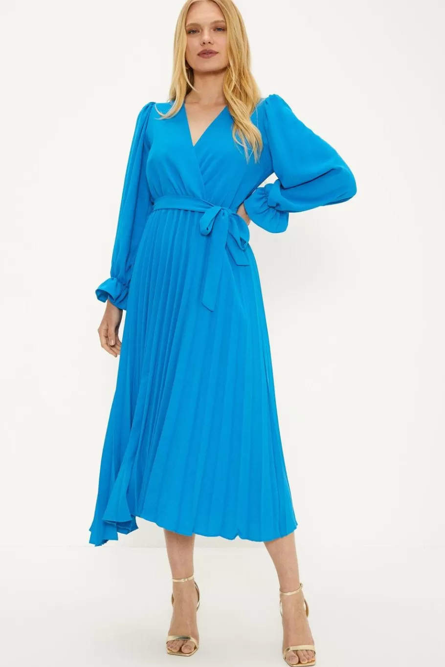 Oasis Plain Belted Pleat Wrap Midi Dress Blue Online