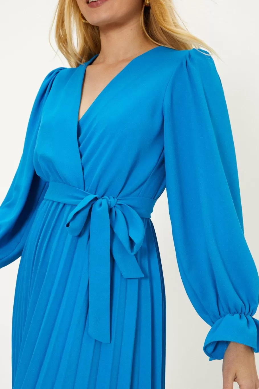 Oasis Plain Belted Pleat Wrap Midi Dress Blue Online