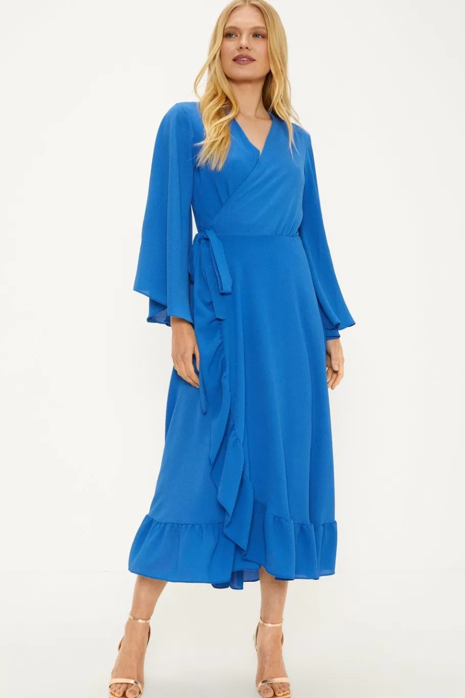 Oasis Plain Flute Sleeve Ruffle Wrap Dress Cobalt Fashion