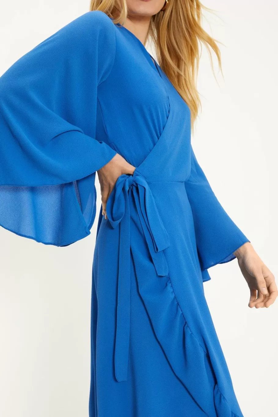 Oasis Plain Flute Sleeve Ruffle Wrap Dress Cobalt Fashion