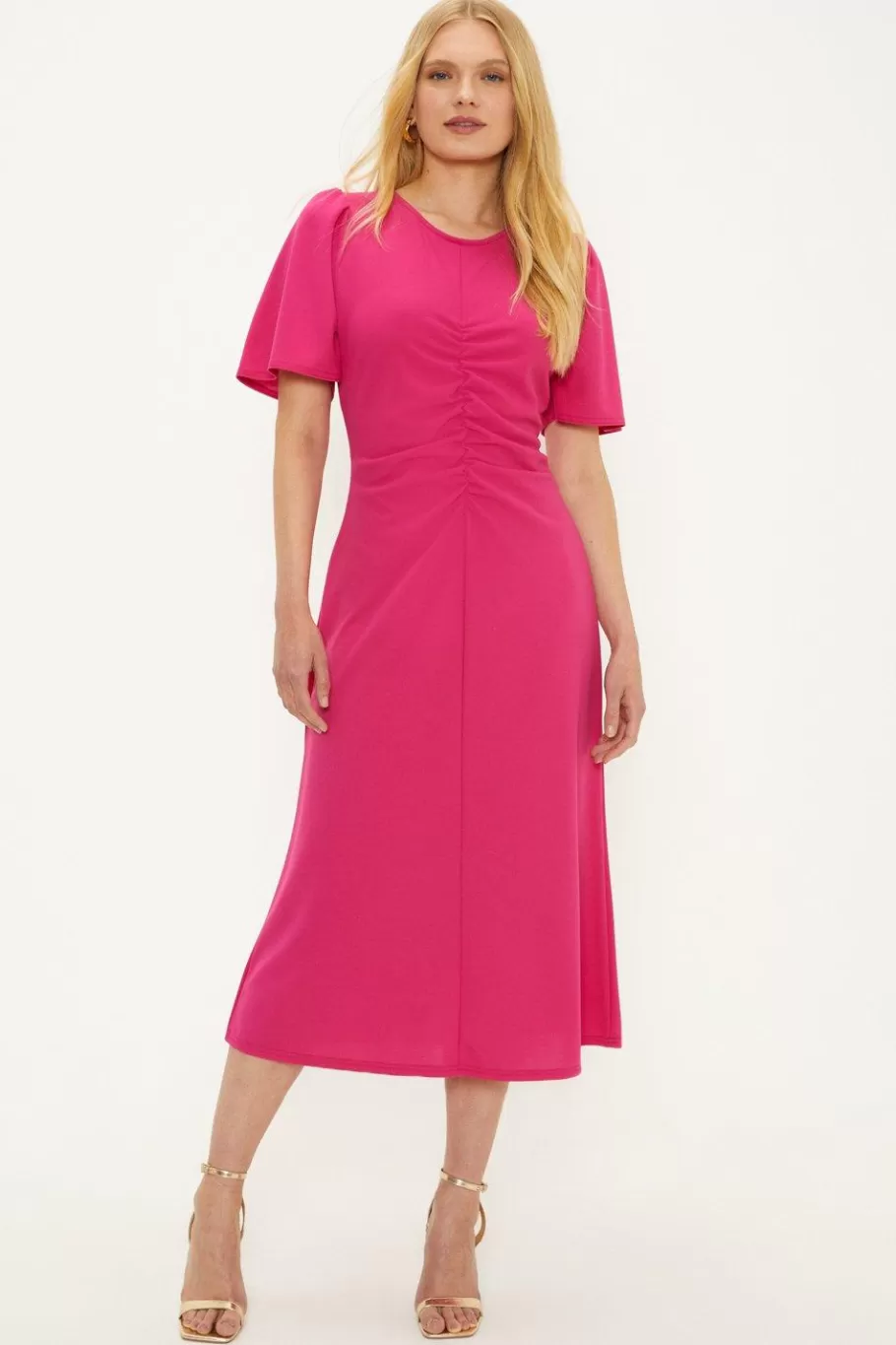 Oasis Plain Stretch Crepe Ruched Front Midi Dress Pink Sale