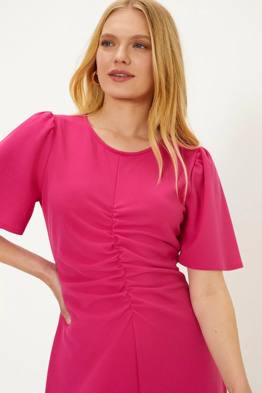 Oasis Plain Stretch Crepe Ruched Front Midi Dress Pink Sale