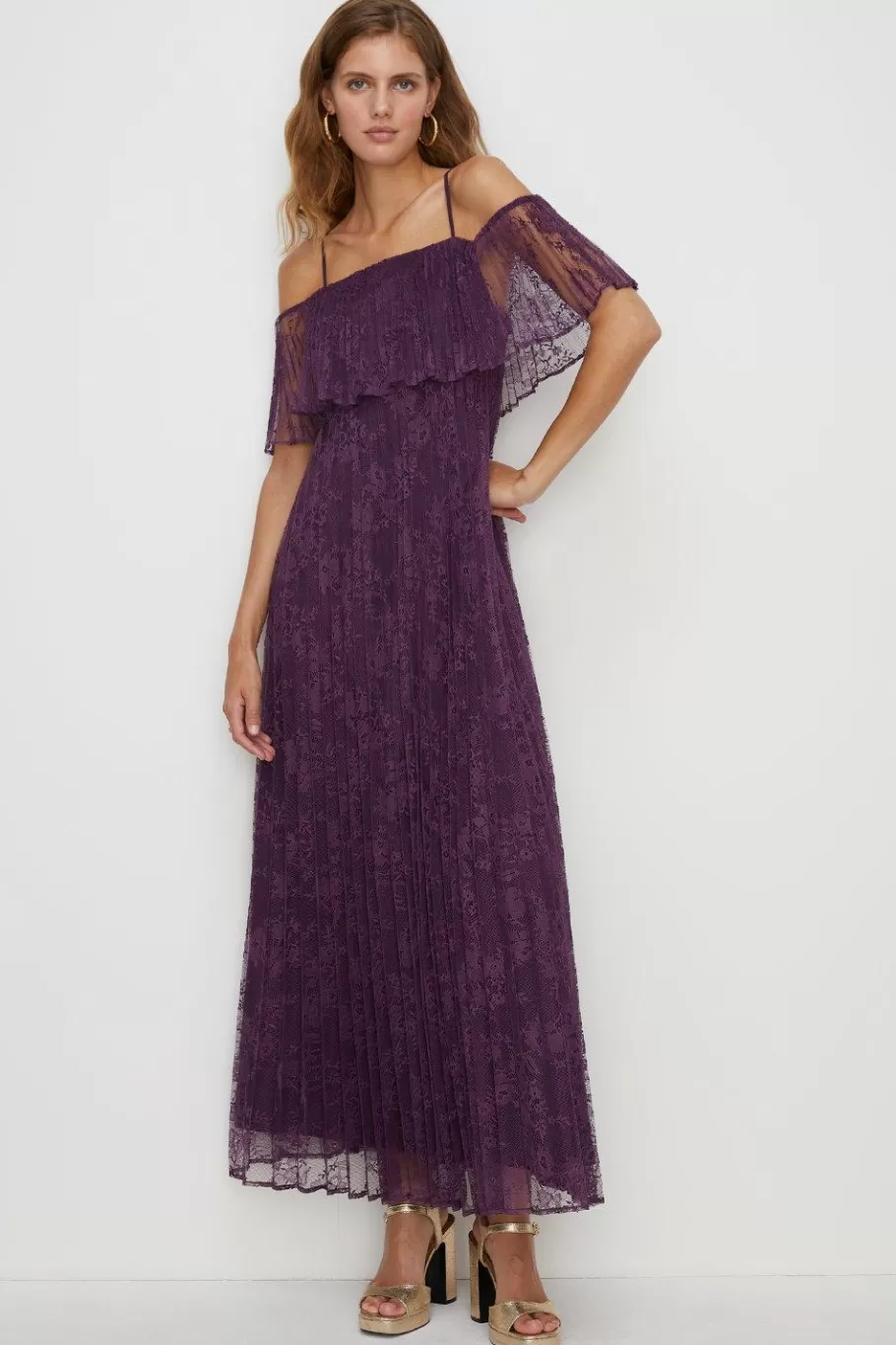 Oasis Pleated Strappy Tiered Lace Maxi Dress Purple Fashion