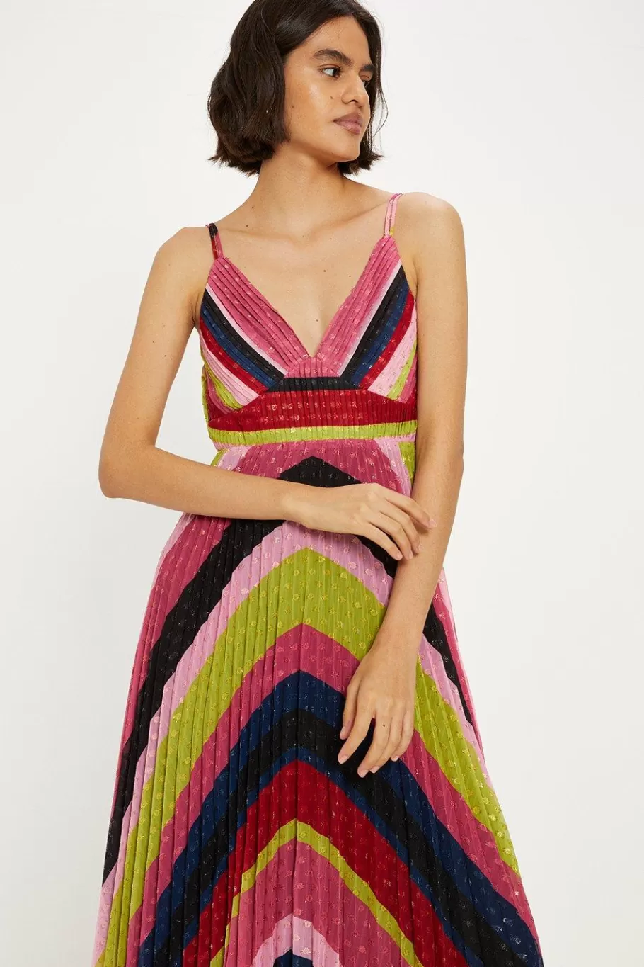 Oasis Pleated Stripe Metallic Strappy Midi Dress Pink Store