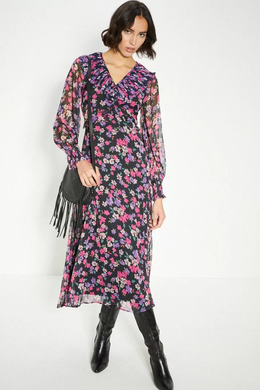 Oasis Pleated V Neck Floral Midi Dress Multi Outlet