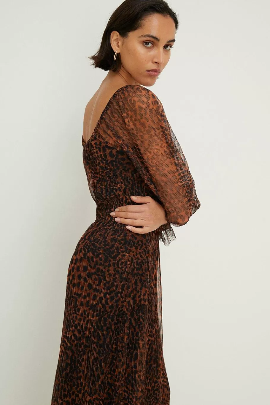 Oasis Plisse Scoop Neck Midi Dress Leopard Clearance