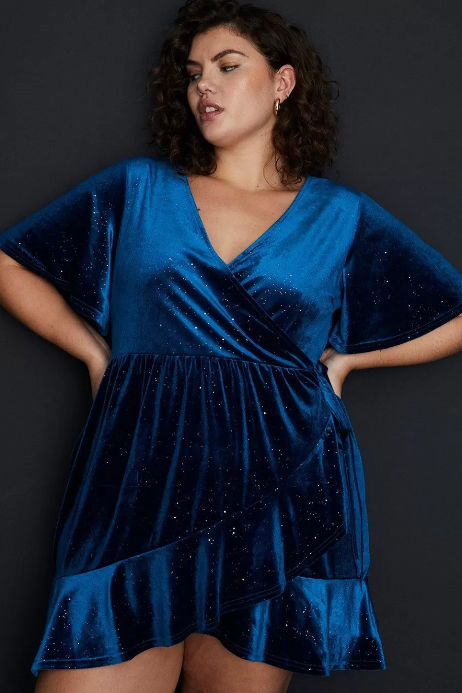 Oasis Plus Glitter Velvet Wrap Mini Dress Teal Flash Sale