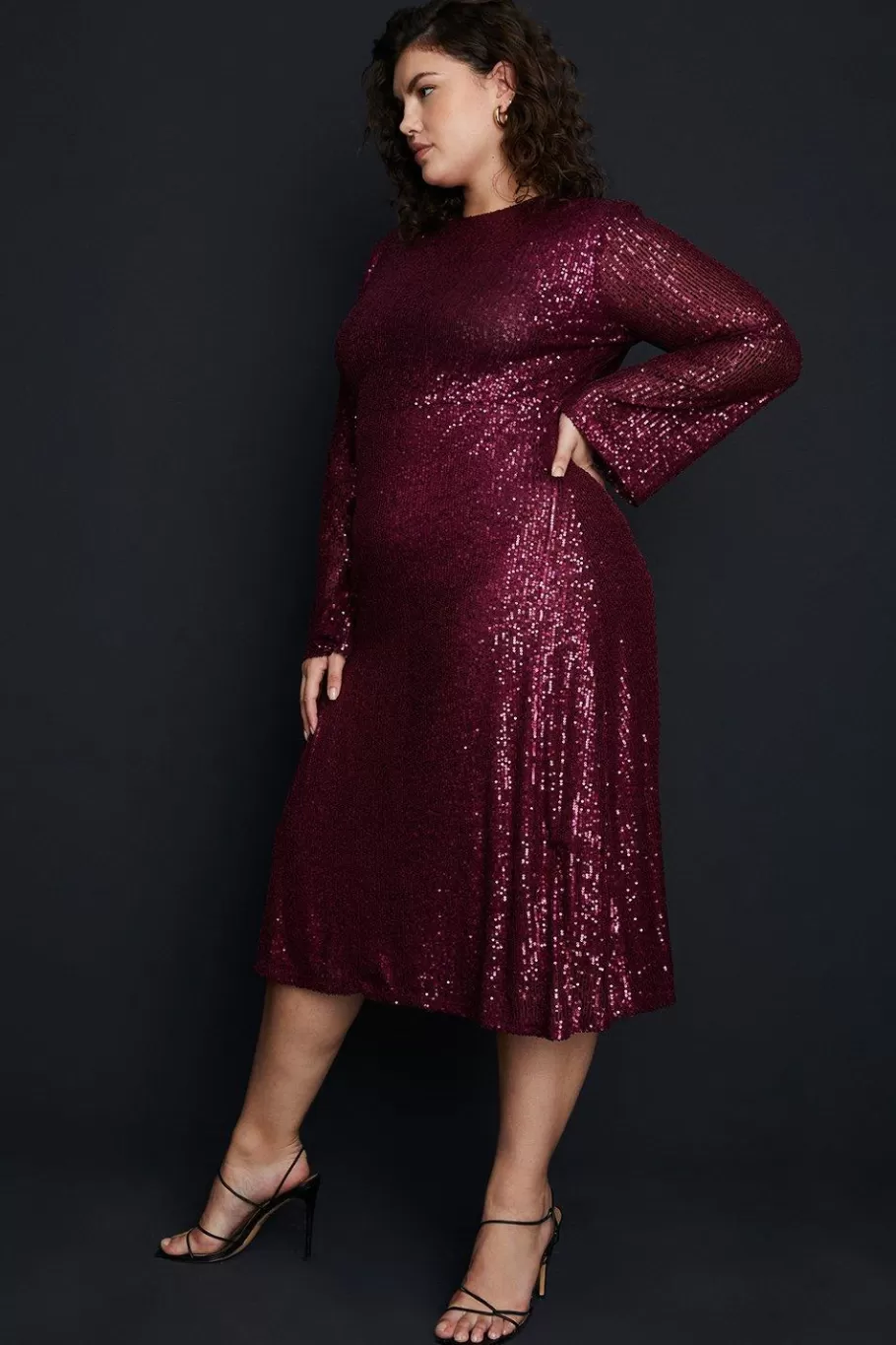 Oasis Plus Sequin Belted Crew Neck Midi Dress Purple Store