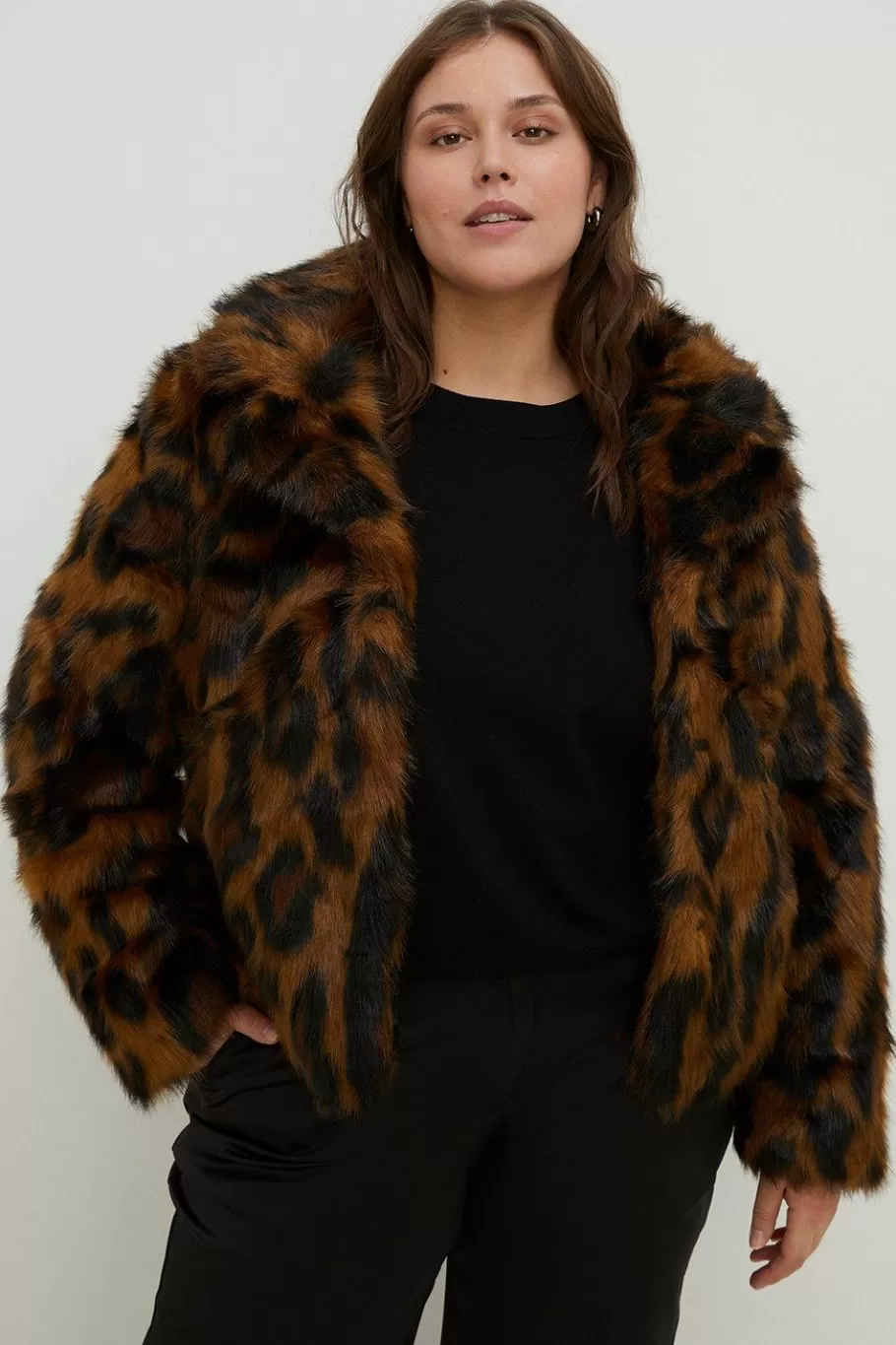 Oasis Plus Size Animal Faux Fur Collared Coat Brown Outlet